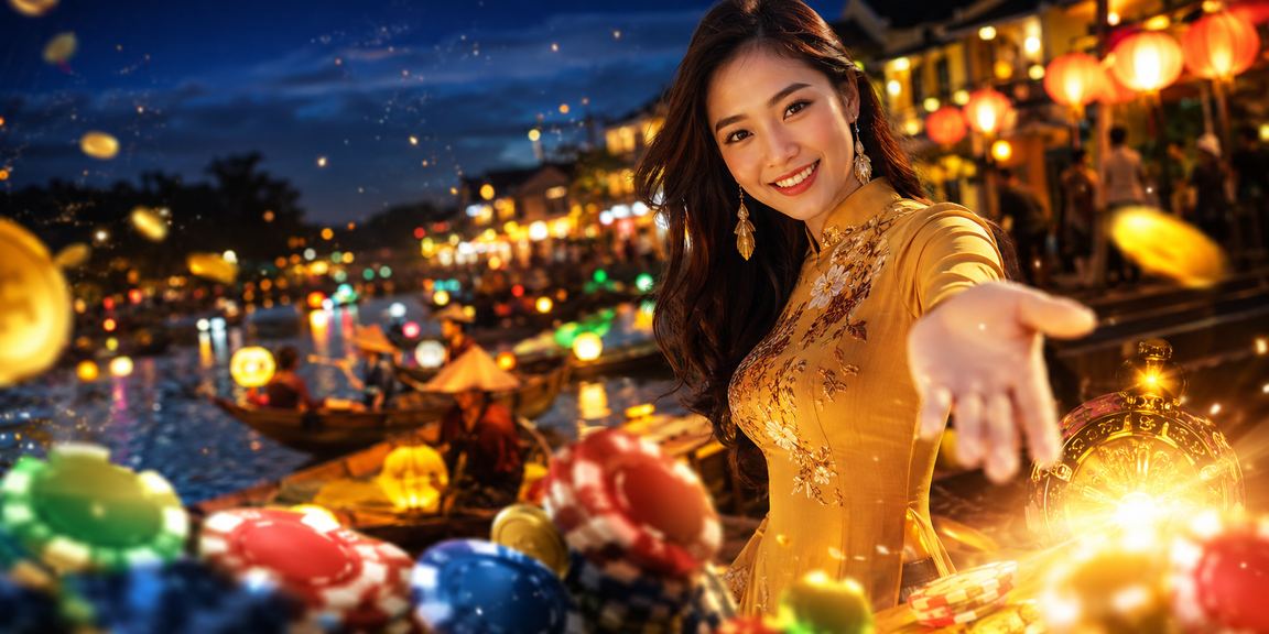 Cảnh biển Hói An với thuyền và đèn lồng